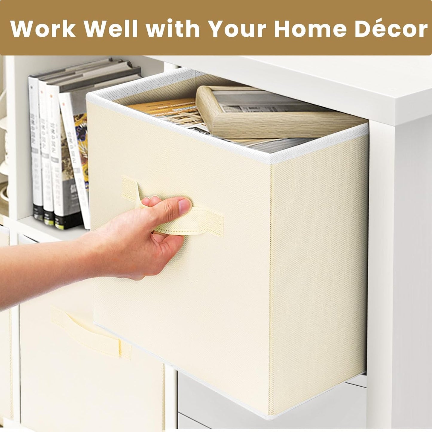 Criusia Storage Cubes, 11 Inch Clothes Storage Bins with Dual Handles (10 Pack), Fabric Collapsible Storage Bins for Shelves Closet, Cubby Organizer Bins for Clothing Toys Blanket Yarns (Beige)