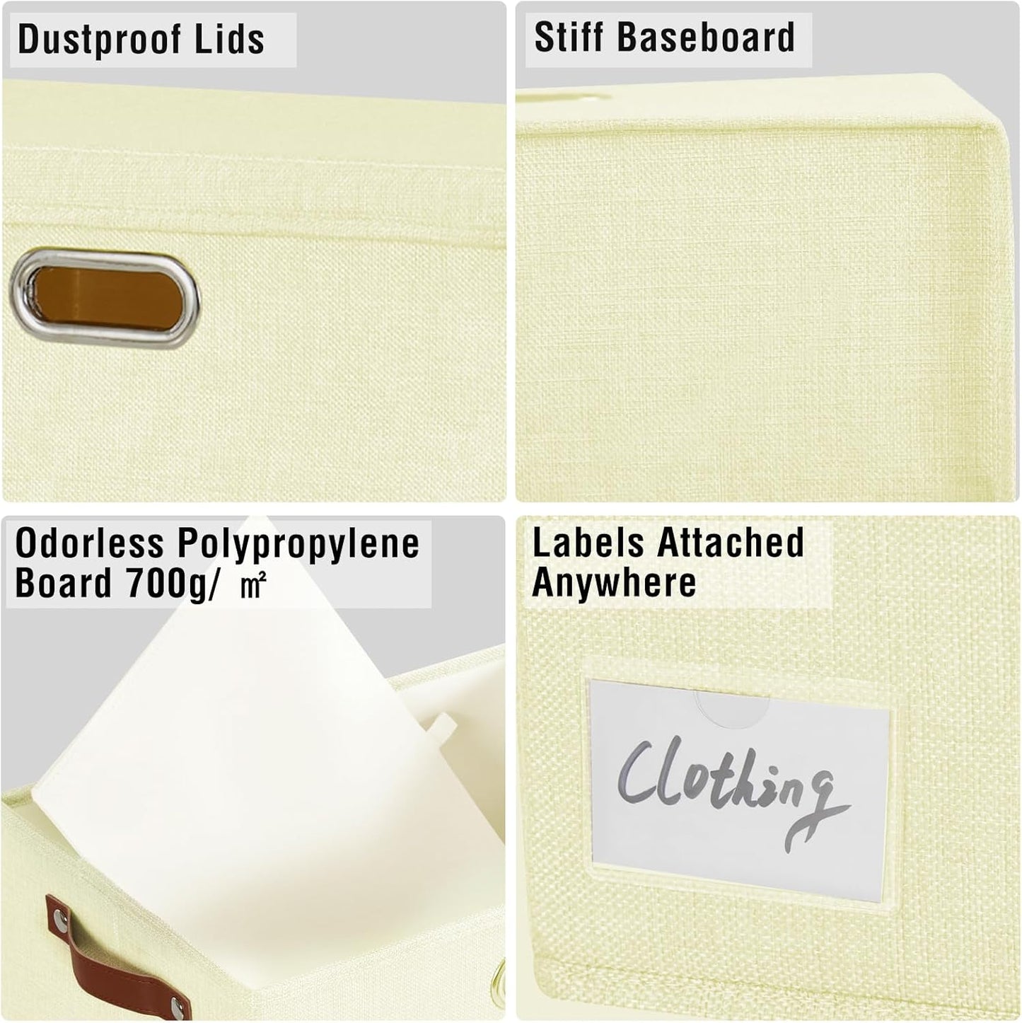 17" Large Collapsible Storage Bins with Lids, Stackable Closet Organizers with PU Handle and Labels, 3-Pack Decorative Fabric Storage Boxes for Home, Bedroom, Closet, Office, Nursery(Beige)