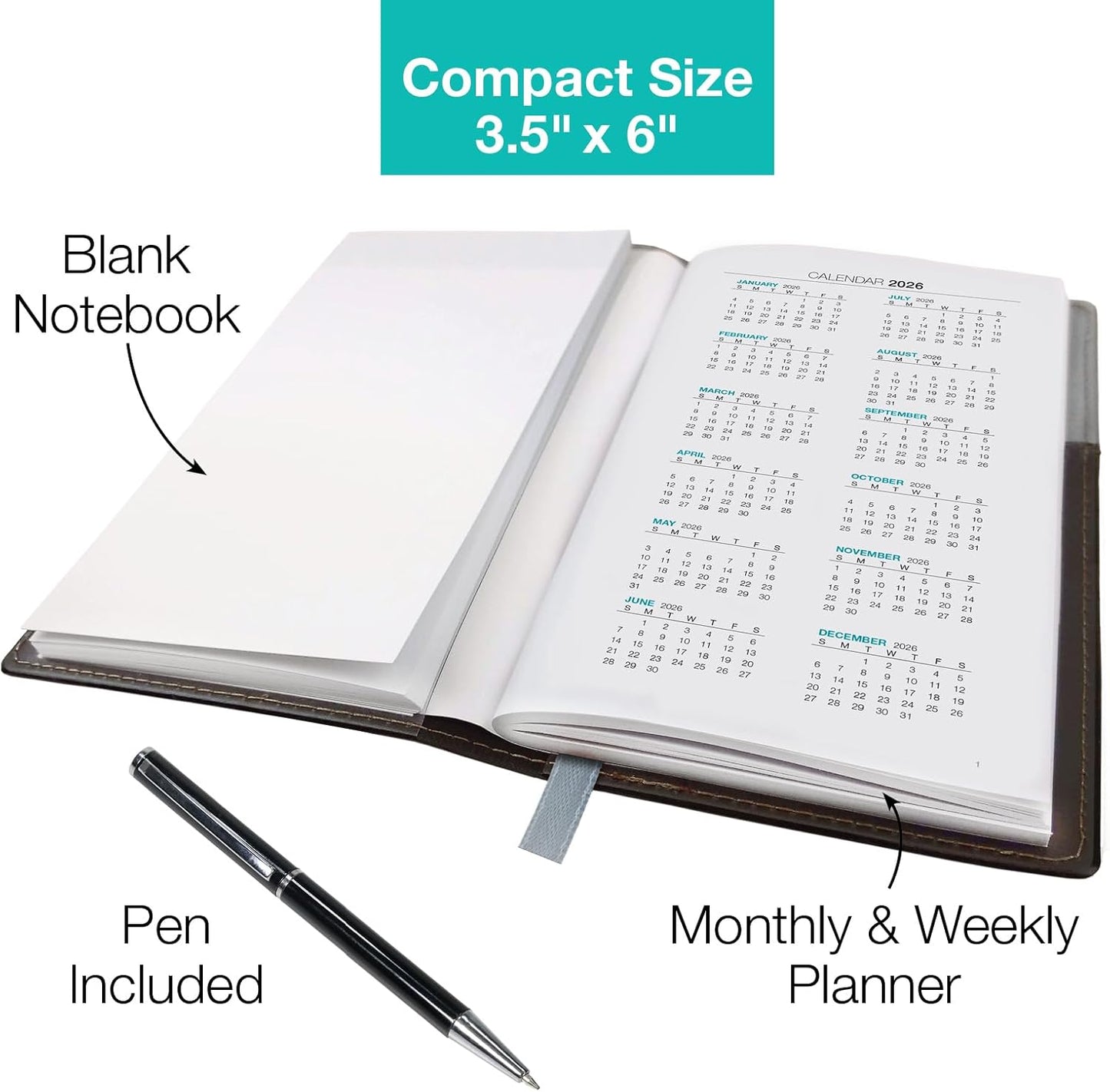 2026 Pocket Planner/Pocket Calendar and Pen, 3.5"x6": Includes 14 Months (November 2025 - December 2026) / 2026 Weekly Planner/Weekly Agenda/Monthly Calendar Organizer (Gray/Black)