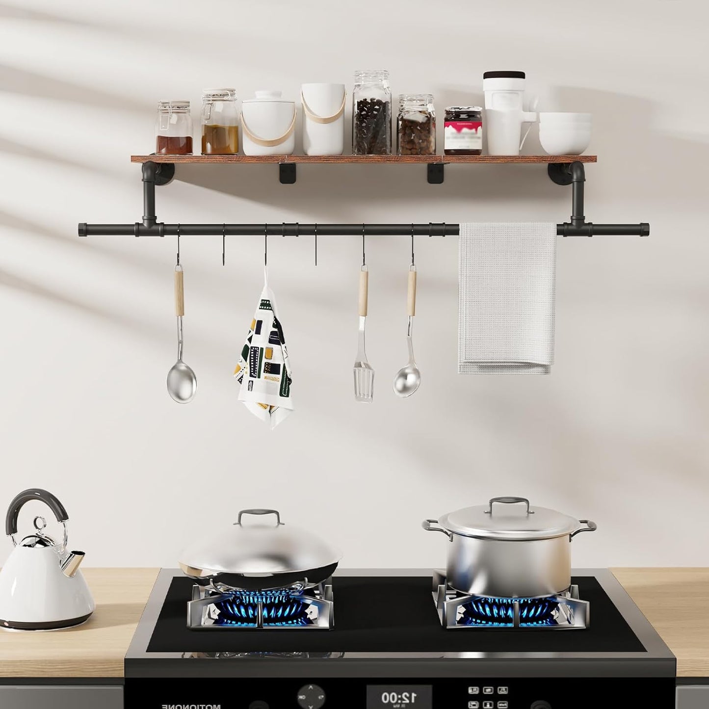 Wall Mounted Clothes Rack with Top Shelf, Space Saver Industrial Pipe Shelving, Heavy Duty Iron Closet Poles, Extension at Both Ends, 51.2×10.2×5.9 Inch, Black