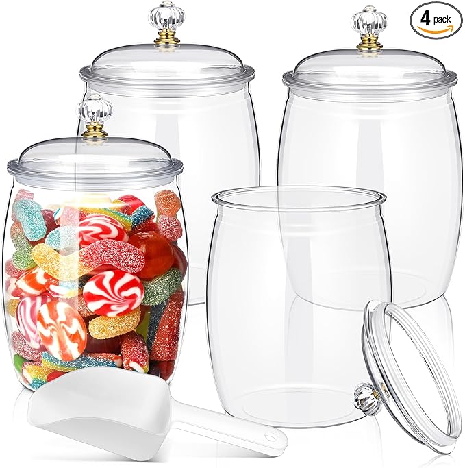 Nuogo 4 Pcs Plastic Candy and Cookie Jars with Lids Clear Cookie Container Candy Jars Large Airtight Apothecary Storage Organization for Wedding Home Kitchen Bar(64 oz)
