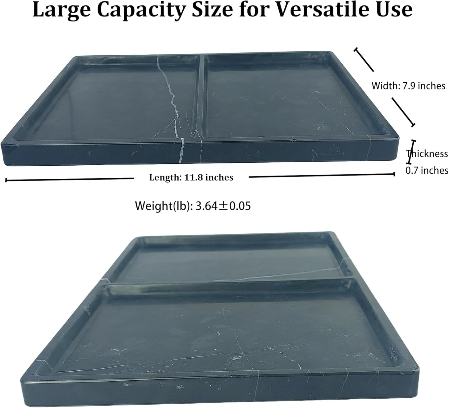 11.81"x7.87" Natural Marble Decorative Tray Countertop Organizer - 2 Compartments Polished Stone Storage Vanity Tray for Bathroom Kitchen Desk, Black White