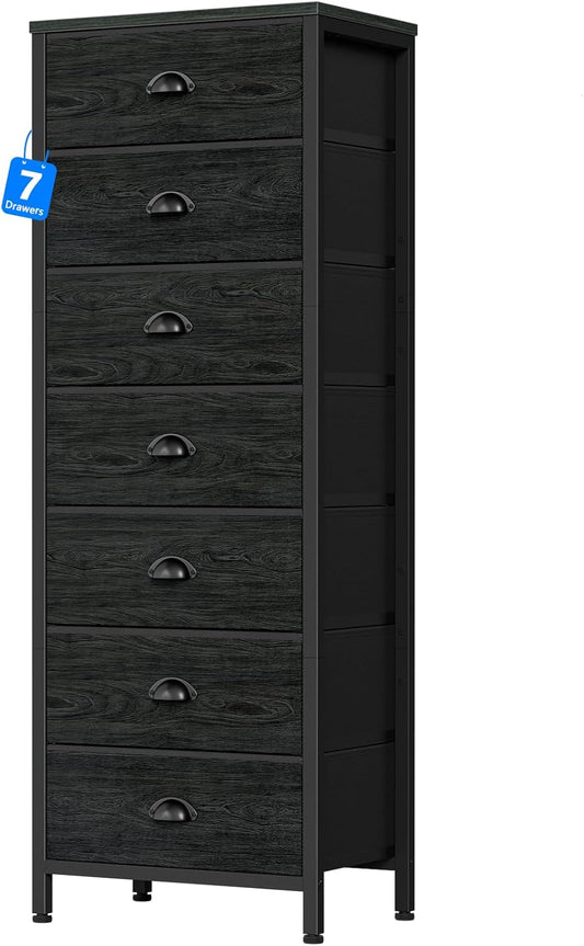 Furnulem Bedroom Dresser, Tall Chests of Drawers with 7 Fabric Bins, Black Organizer in Closet, Dorm, Living Room, Nursery, Hallyway-Storage Tower Unit, Sturdy Steel Frame