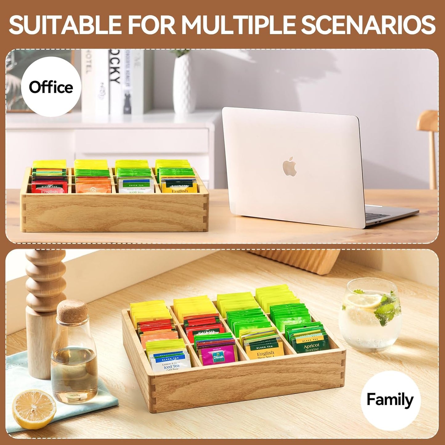 KIRIGEN Wood Tea Organizer 12 Compartments Tea Bag Holder Wooden Coffee Storage Box for Home and Office CYH12-NA