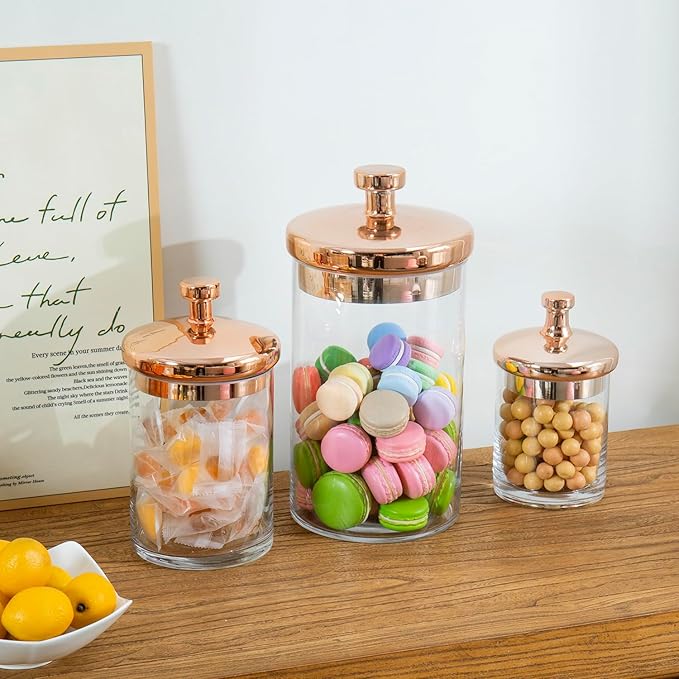 MyGift Glass Apothecary Cookie Jar Set with Copper Lid - Decorative Kitchen and Bath Storage Canisters, Wedding Centerpiece Jars, Candy Buffet with Lids