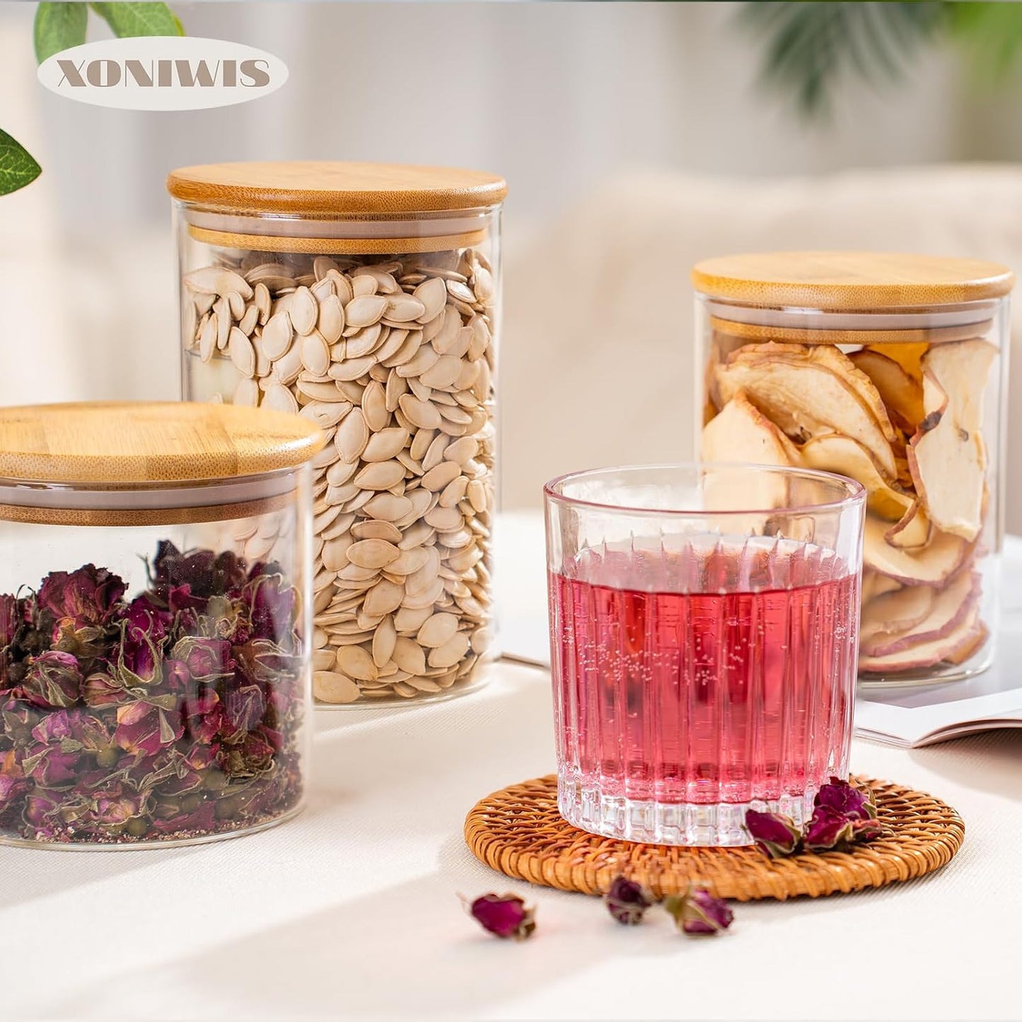 25oz 6PCS Round Airtight Glass Food Storage Jars, Clear Glass Food Storage Container with Bamboo Lid, Stackable Spice Jar, Kitchen Canister for Sugar, Tea, Coffee bean, Pasta, Oat, Spice