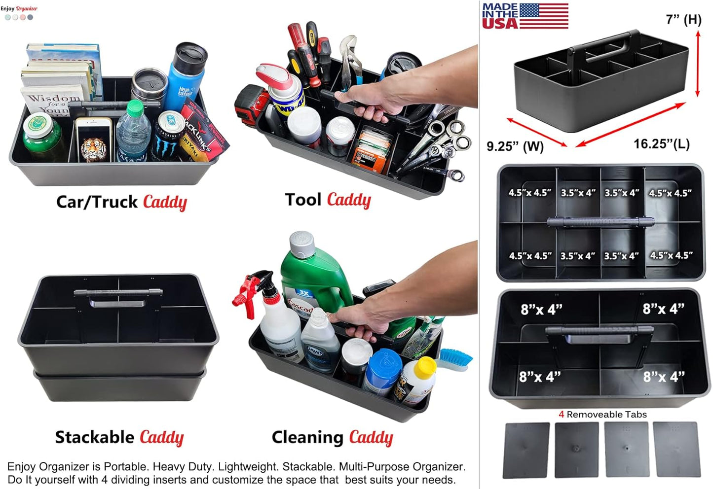 5 Extra Large Portable Carry Caddy, Black, Carrier for Cleaning Supplies, Tools, All-Purpose Carry Caddy Made In USA