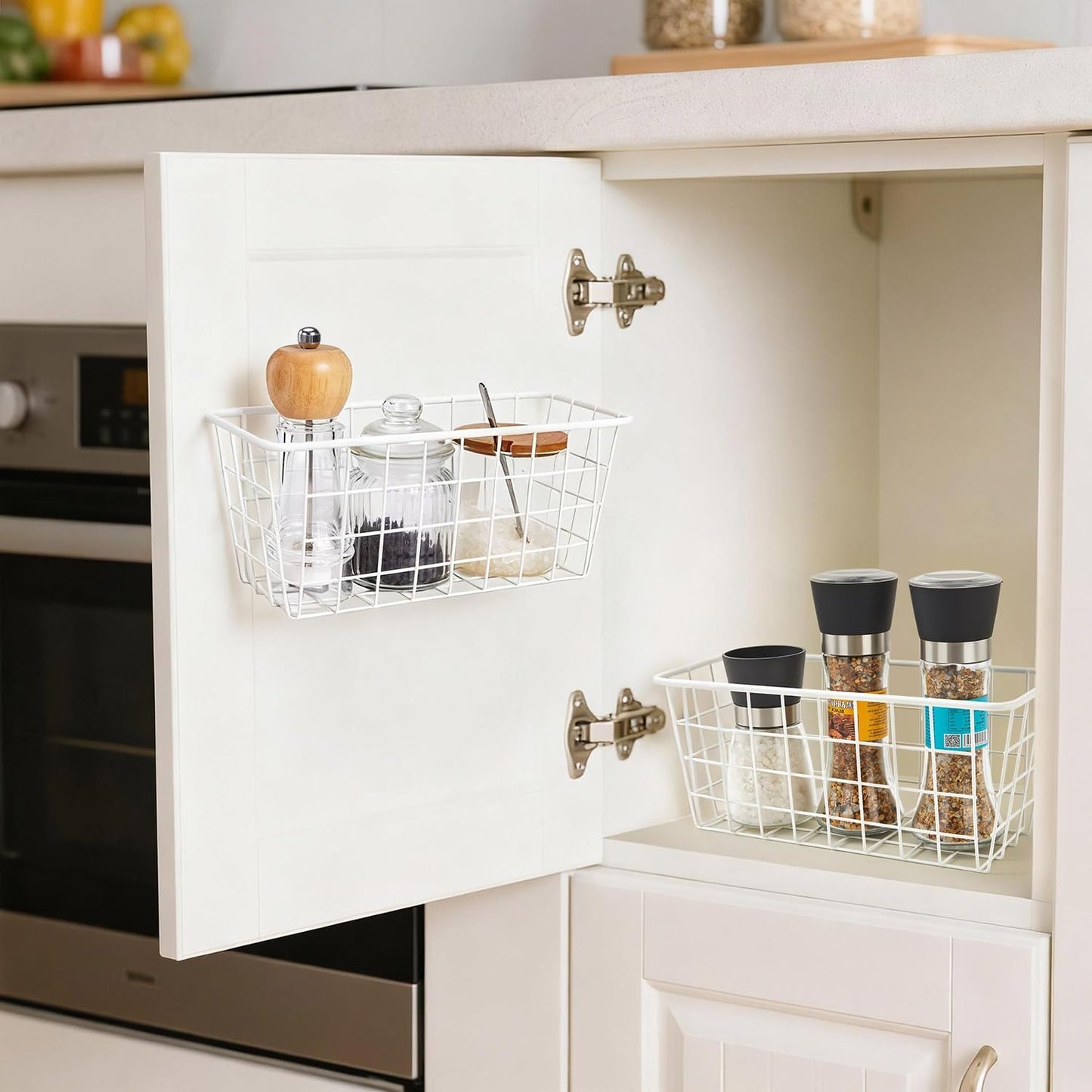 2 Set LeleCAT Hanging Wall Basket Organizer Over the Cabinet Door Adhesive Wire Baskets for Organizing Kitchen Food Pantry Bathroom Shelf Storage No Drilling Wall Mounted,White