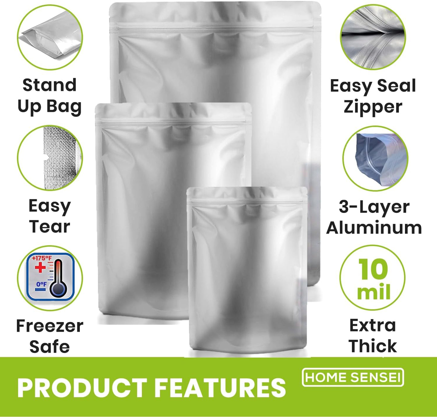 100pcs Mylar Bags for Food Storage - Extra Thick 10 Mil - Includes Gallon/Quart/Pint Sizes with 400cc Oxygen Absorbers - Zip Resealable Storage Pouches - Bolsas Mylar