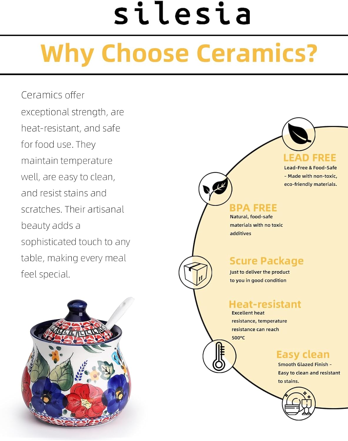 silesia Handmade Sugar Bowl with Lid and Spoon, 9 Ounce Ceramic Hand-Painted Sugar Jar for Home in Gift Box, Kitchen Decor, Oven, Dishwasher & Microwave Safe, Polish Garden