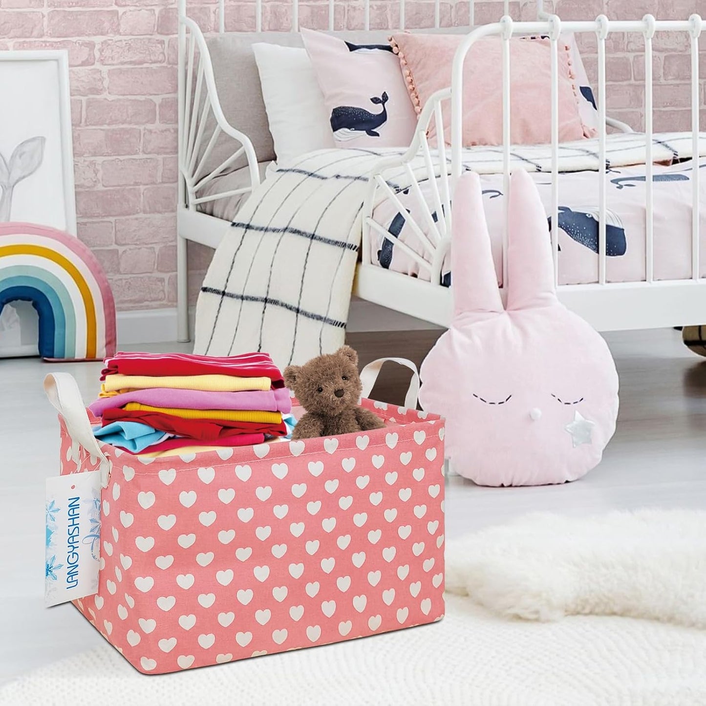 LANGYASHAN Rectangular Storage Bin Collapse Canvas Fabric Cartoon Storage Basket with Handles for Organizing Home Kitchen Boys and Girls Toys Office Closet Shelf Baskets (Rec pink heart)