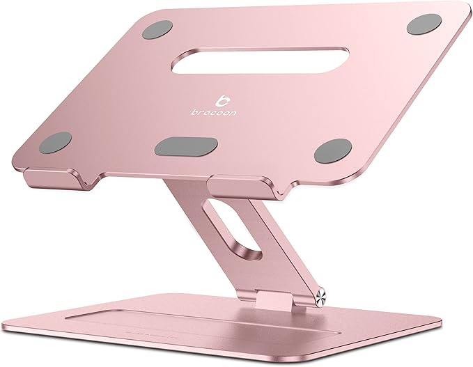 Adjustable MacBook Pink Laptop Stand for Desk | Ergonomic Aluminum Laptop Riser with Heat-Vent, Compatible for 10-17" Laptops, Rose Gold