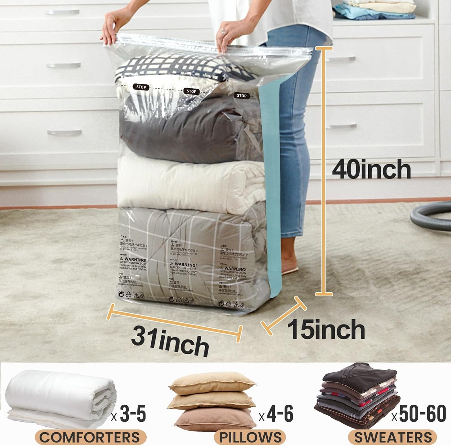 TAILI Vacuum Storage Bags 4 Pack, Jumbo Cube (31x40x15 Inch), Vacuum Seal Bags for Beddings, Comforters, Pillows, Clothes, Space Saving for Closet and Home Storage, Forest Green