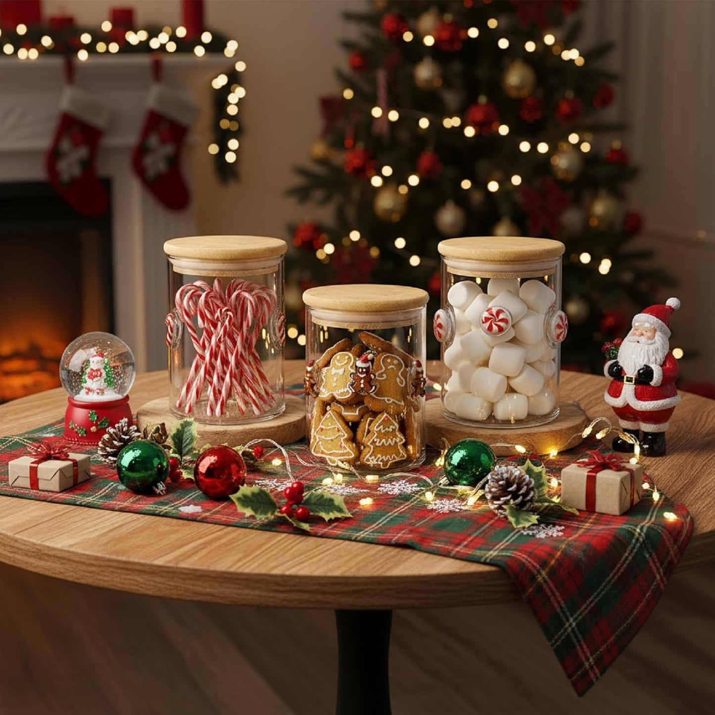 3 Pcs Christmas Icon Glass Storage Jars with Airtight Bamboo Lid Red White Cane Candy Gingerbread Man Christmas Icon Glass Jars Canister Set for Winter Xmas Home Kitchen Countertop