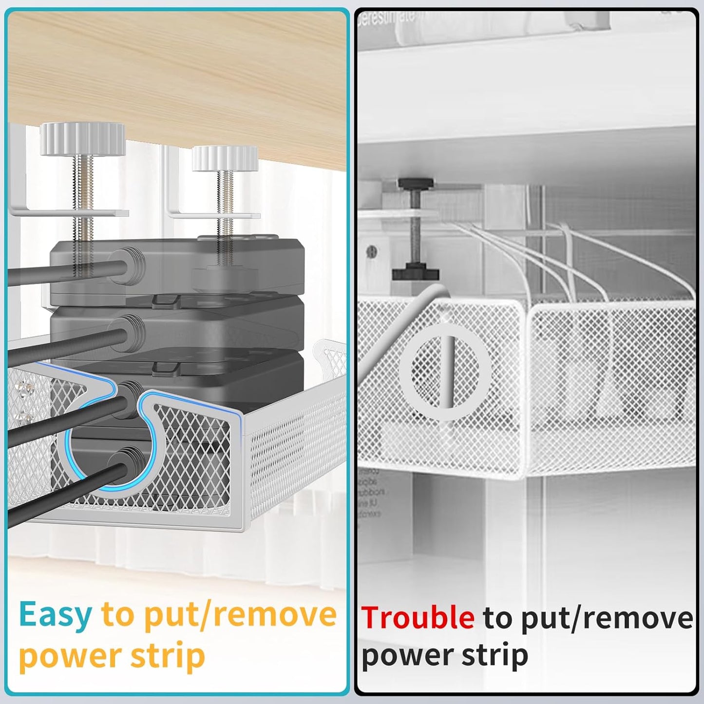 Under Desk Cable Management Tray White, No Drill Desk Cable Management Organizer with Clamp for Desk Wire Management, Desk PC Cord Organizer Accessories & Workspace Organizers for Office, Home(2 Pack)