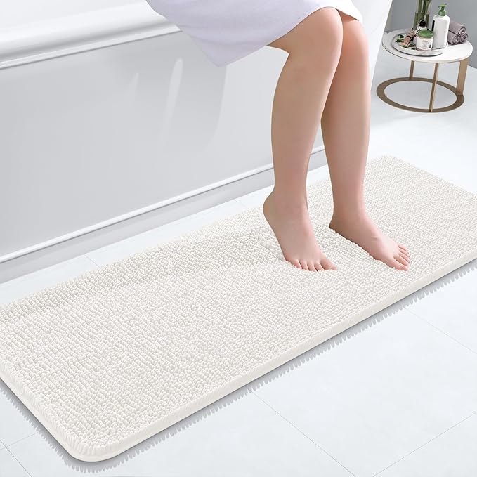 OLANLY Bathroom Rugs 47x17, Extra Soft Absorbent Chenille Bath Rugs, Rubber Backing Quick Dry, Machine Washable Bath Mats for Bathroom Floor, Tub and Shower, Home Decor Accessories, Ivory