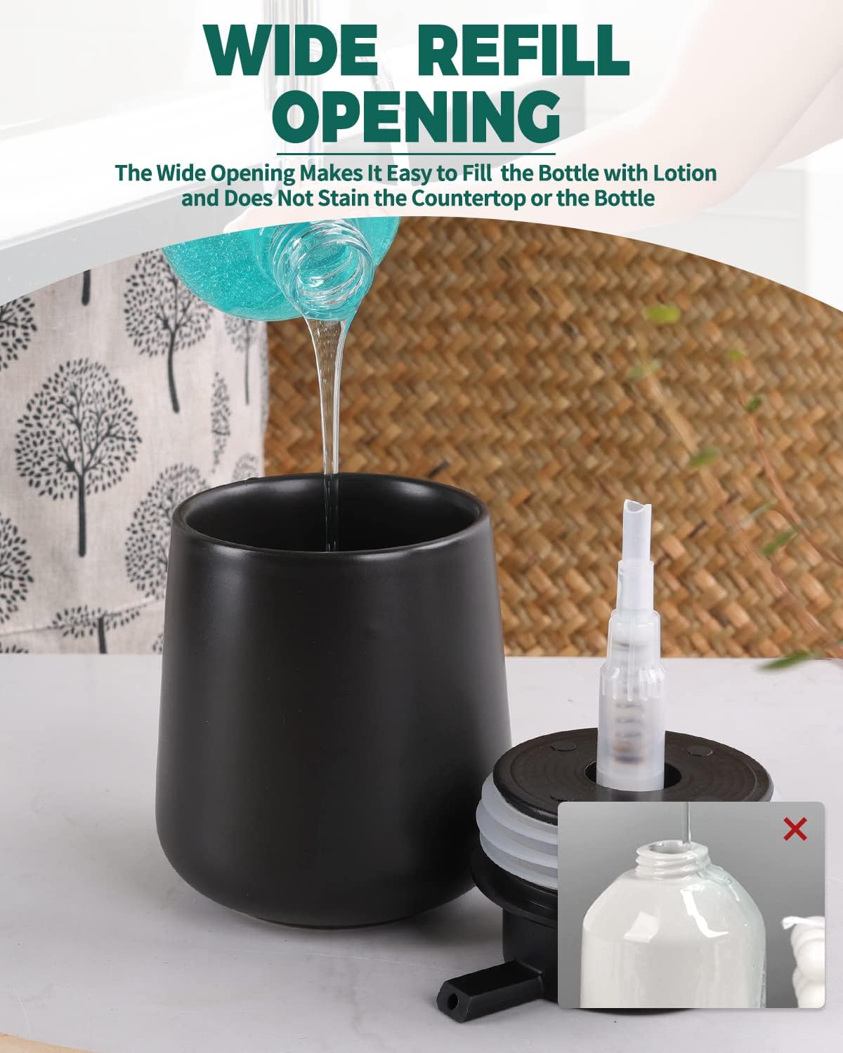 Bosilunlife Black Lotion Dispenser - 12Oz Ceramic Soap Dispenser Bathroom Refillable Liquid Hand Wash Dispenser for Bathroom Kitchen Dish Soap Dispenser with Easy-to-Press Pump