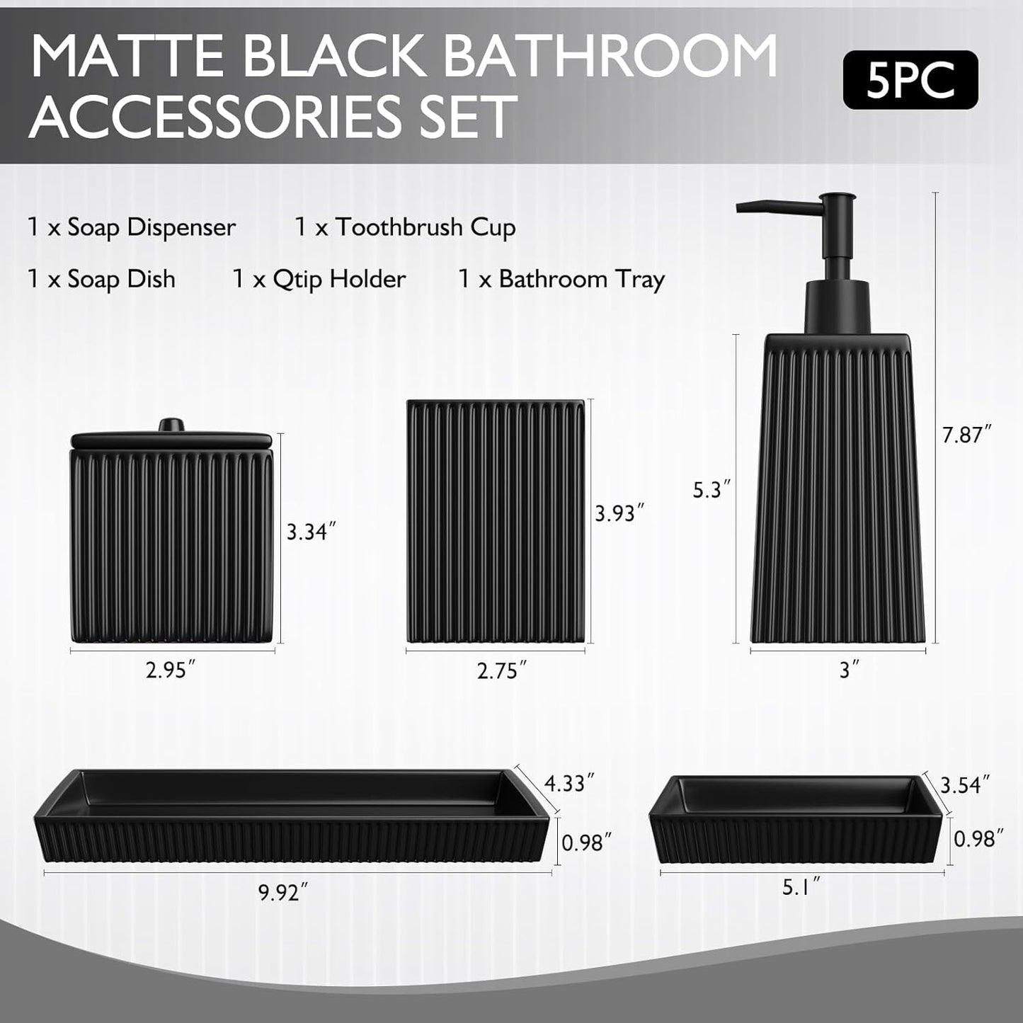 Bathroom Set - Black Bathroom Accessories Set, 5PCS Ceramic Bathroom Accessory Set, Bathroom Sets with Soap Dispenser, Toothbrush Tumbler, Soap Dish, Q-tip Holder & Vanity Tray