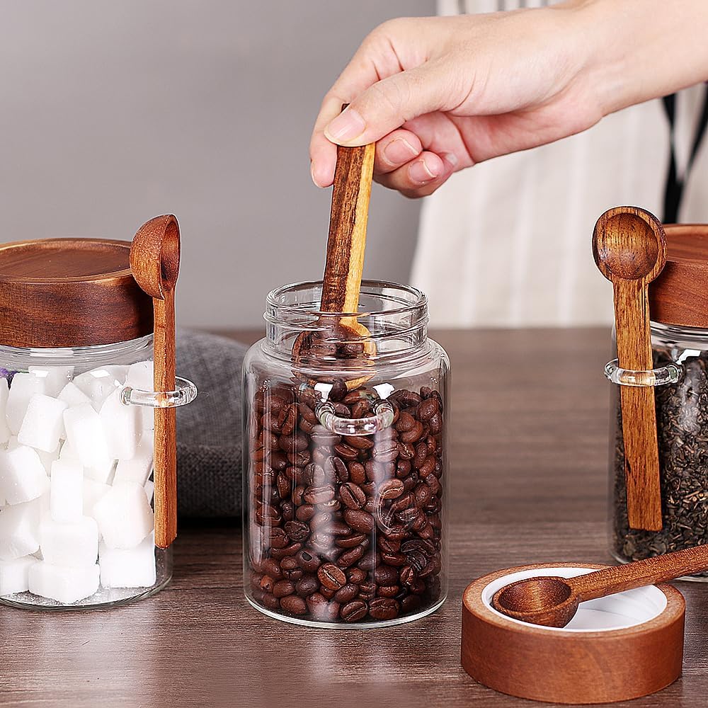 SAIOOL Sugar Jar with Lid and Spoon Set of 2, 16 OZ Tea Canisters for Loose Tea Jars with Screw Mouth, Coffee Container for Ground, Retro Style Truly Airtight