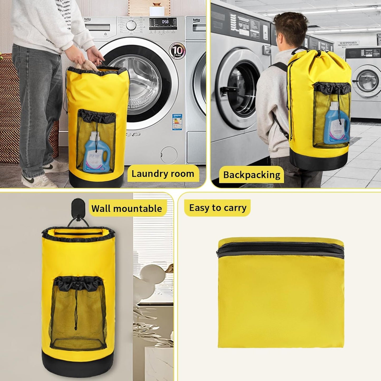 Laundry Bag Backpack with Shoulder Straps and Mesh Pocket Foldable Clothes Hamper Bag with Drawstring Closure for College, Apartment, Laundromat (Yellow)