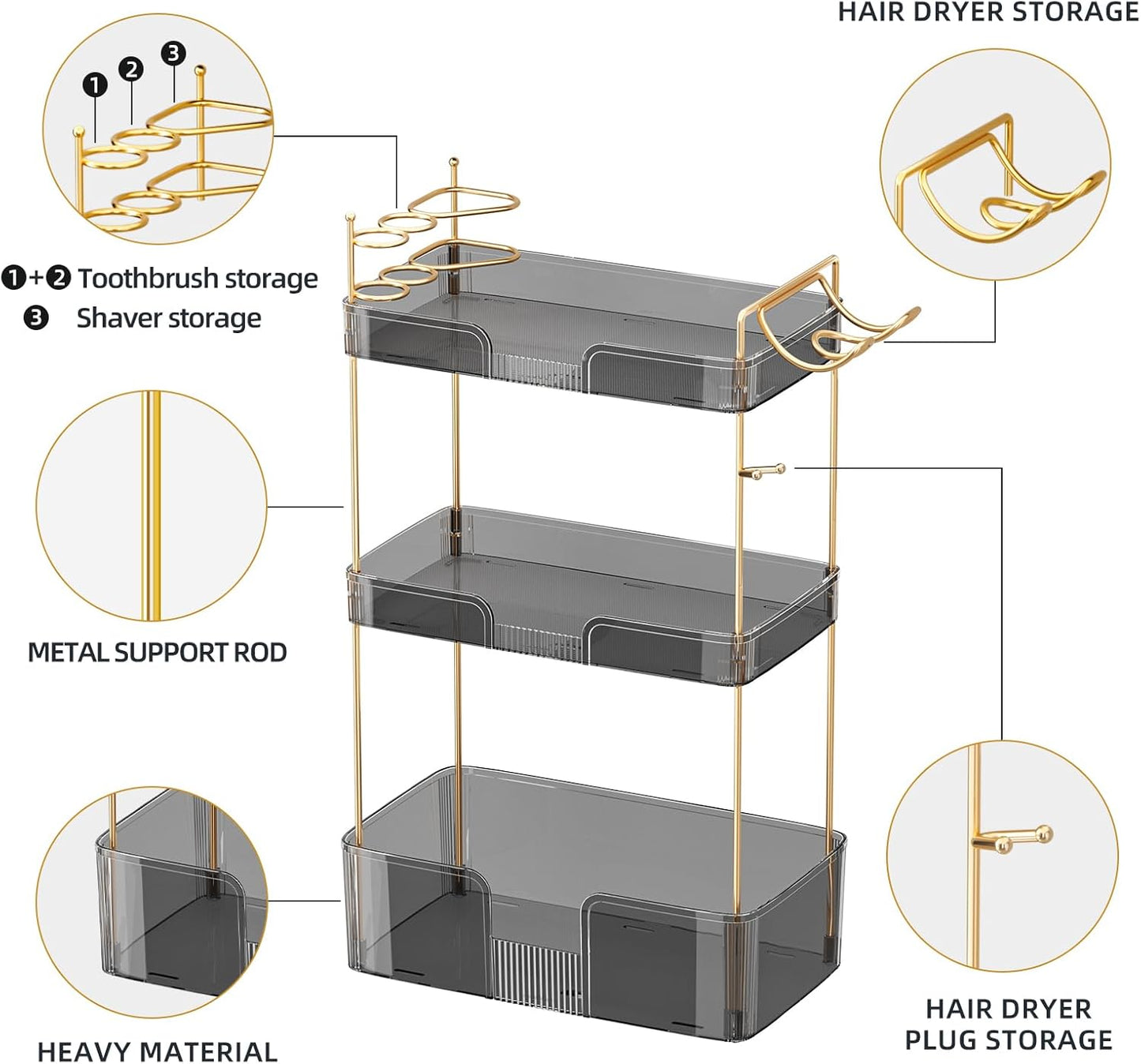 3 Tier Bathroom Organizer Countertop Makeup Perfume Tray Skincare Organizer Comes with Hair Dryer Rack and Toothbrush Holder for Bathroom Dresser Vanity (Grey)