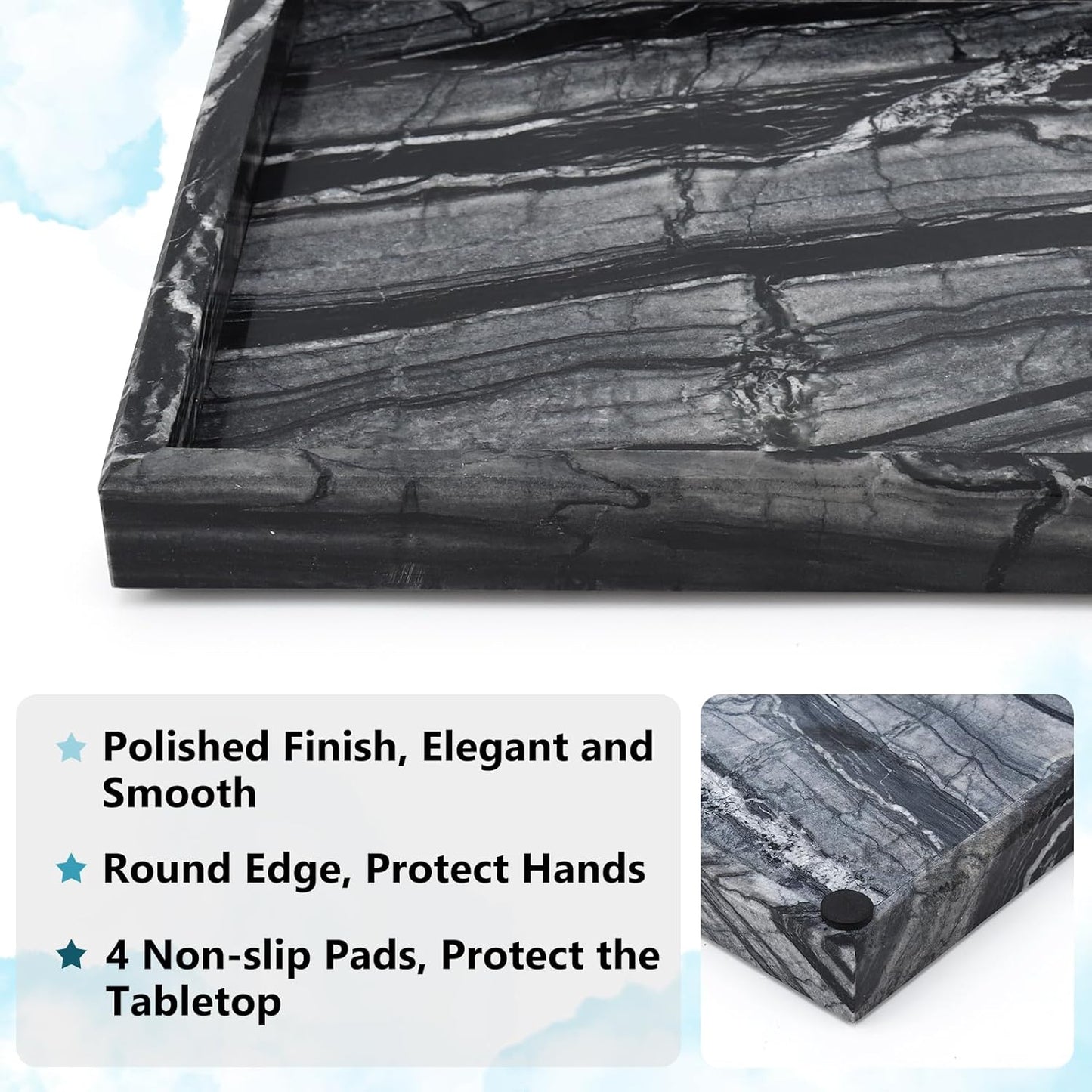 Real Natural Marble Tray for Bathroom, Vanity, Kitchen and Desktop, Rectangle Genuine Marble Stone Tray for Jewelry, Cosmetics, Candles, Lotion, Perfume and Home Decor Wood Grain