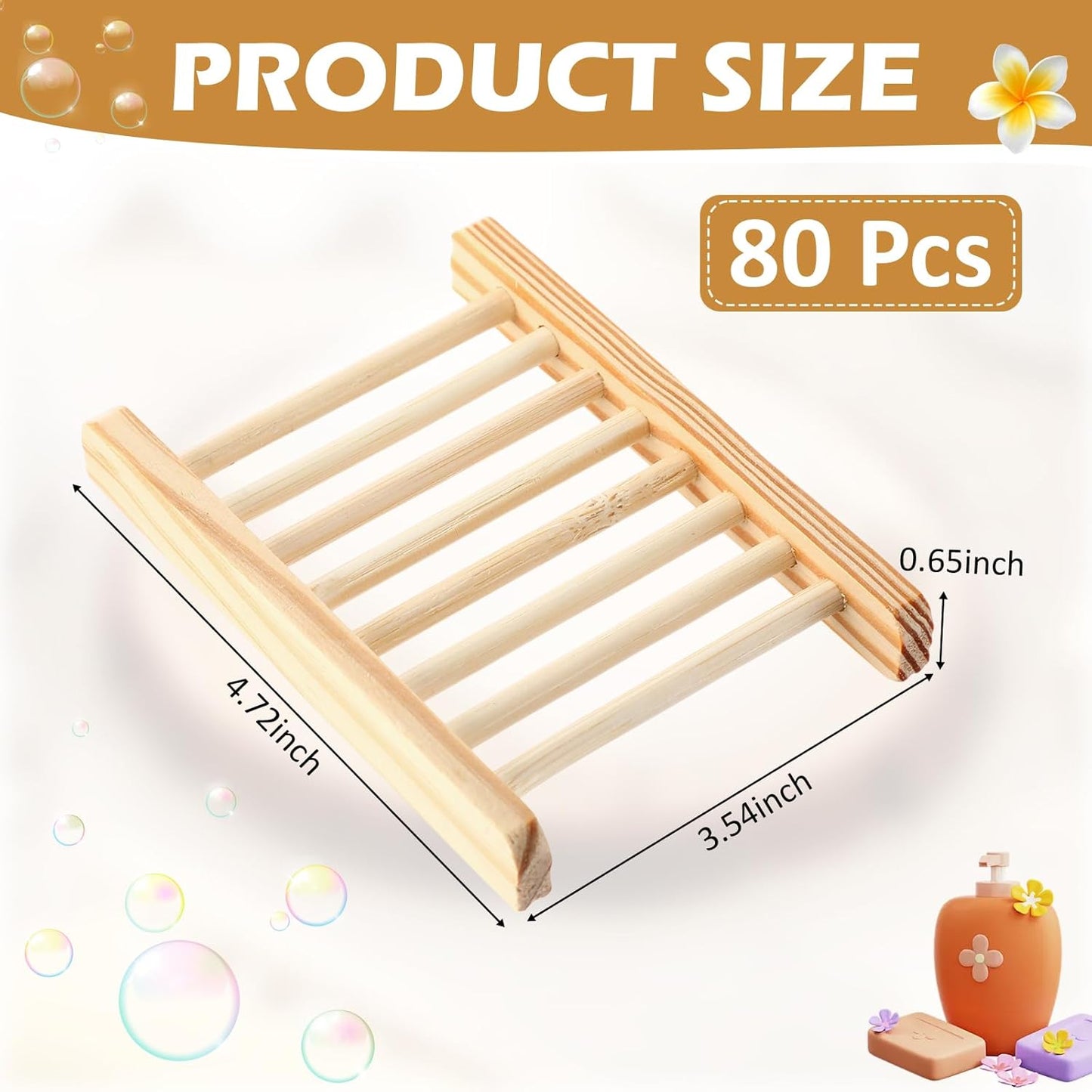 Bamboo Soap Dish Wooden Hand Craft Soap Case for Shower Rectangular Bathtub Shower Dish Accessories for Home Bathroom Kitchen Sponges(Wood Color,80 Pack)