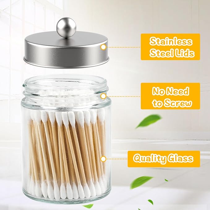 2 Pack Glass Apothecary Jars with Lids for Bathroom, Cute Qtip Holder, Silver Bathroom Accessories Set, Small Bathroom Canisters with Lids for Q-Tips, Cotton Swabs, Silver Bathhouses Decor