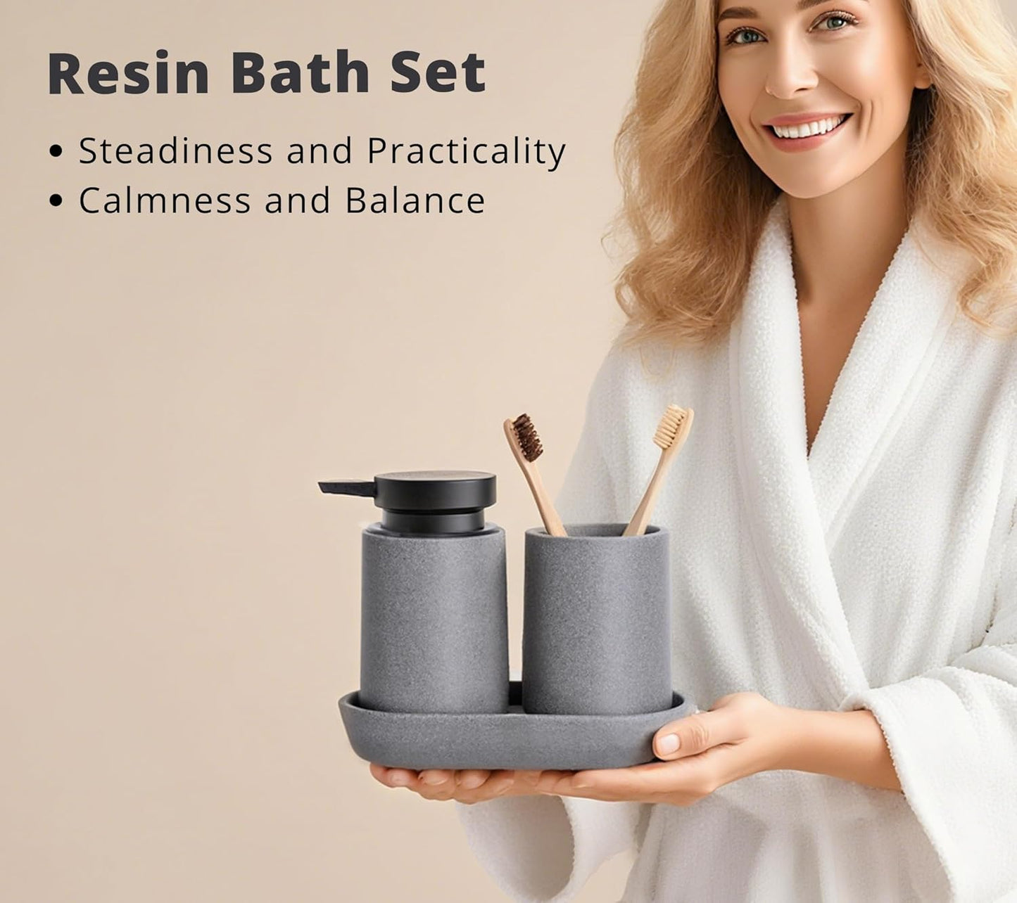 3 Pcs Bathroom Accessories Set, Liquid Soap Dispenser with Large Pump, Toothbrush Holder Cup and Soap Dish, Sandstone Texture Bathroom Counter Set for Modern Home (Gray)