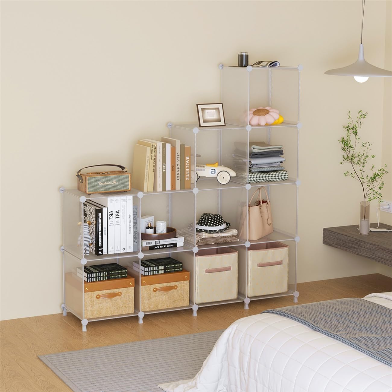 AWTATOS Cube Storage Organizer, Closet Organizers and Storage, 12 Cube Shelves Bookshelf, DIY Stackable Plastic Clothes Organizer Shelving for Bedroom, Home, Transparent Twill