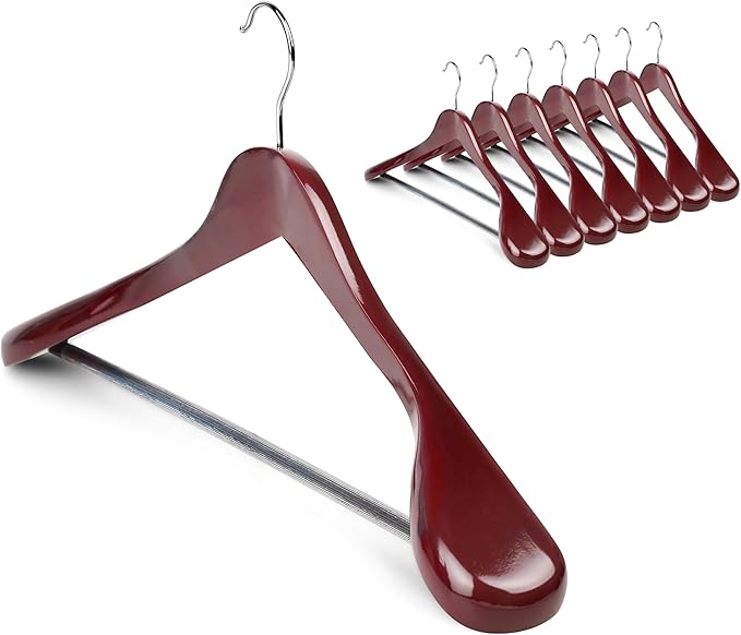 Coat Hanger 8-Pack, MEQUTION Wood Hangers Trouser Hangers Extra Wide Shoulder Wooden Hangers for Heavy Coat, Sweater, Skirt, Suit, Pants, Retro Finish (Cherry)