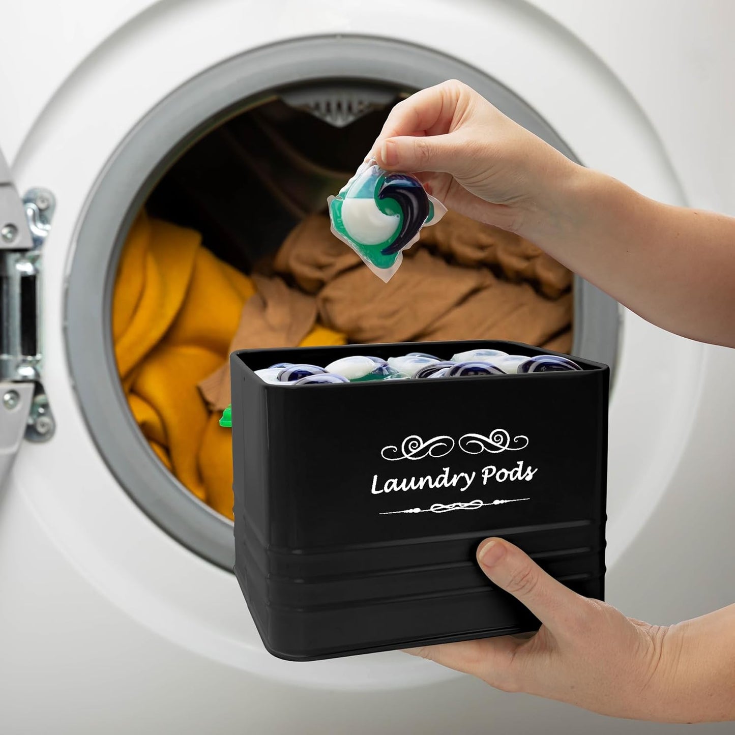 ELITAPRO Modern Farmhouse Laundry Pods Container - Metal Detergent Pods Holder with Lid for Laundry Room Decor & Accessories - Organization & Storage