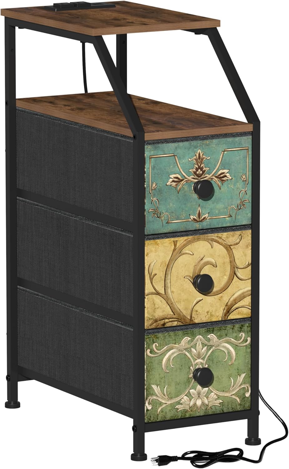 Tohomeor Narrow Dresser Tall Skinny Storage Tower Vertical Slim Chest of Drawers with Charging Station Small Nightstand Side Table for Bedroom, Bathroom, Small Spaces (Retro Flower, 3 Drawers)