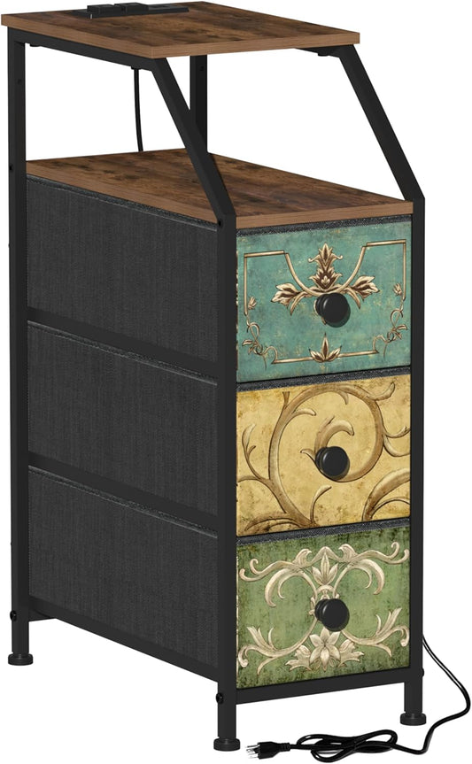 Tohomeor Narrow Dresser Tall Skinny Storage Tower Vertical Slim Chest of Drawers with Charging Station Small Nightstand Side Table for Bedroom, Bathroom, Small Spaces (Retro Flower, 3 Drawers)
