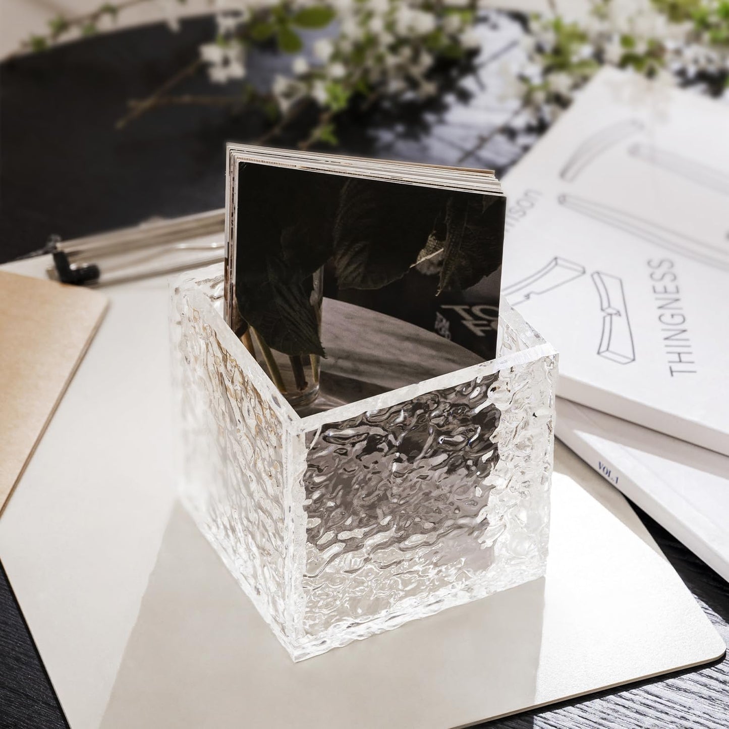 Remote Control Holder, Acrylic Desk Organizer Stone Texture TV Remote Holder Cosmetic Storage Box Modern Remote Organizer Remote Storage Box for Home Office School.