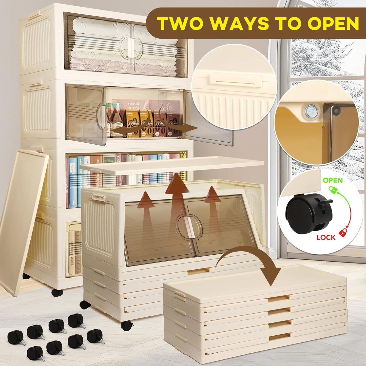 600QT/150GAL Large Storage Bins with 2 Lids, Stackable Collapsible Storage Bins with 8 Wheels & 2 Lids, Closet Organizers and Storage, 4 Packs Folding Plastic Clothes Storage Cabinet for Home Office