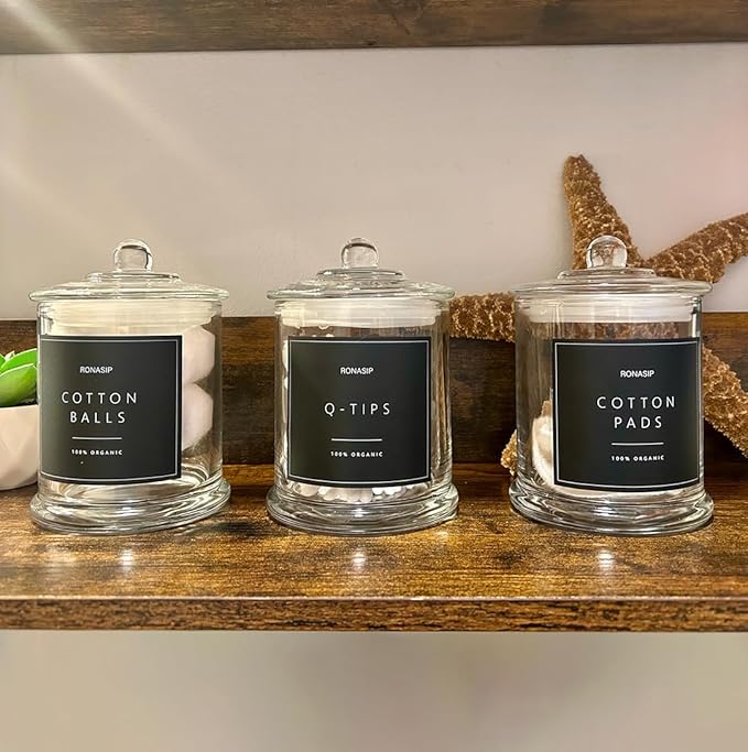 3 Pack Qtip Holder Dispenser, 16oz Bathroom Organizer and Storage Canisters, Glass Apothecary Jars with Lid - Home Decor, Room Decor Aesthetic(Transparent)