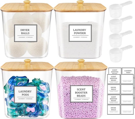 4 Pack Clear Laundry Pod Container, Laundry Room Organization Containers with Wooden Lids & Labels - Large Detergent Powder Storage for Room Organization, Scent Booster Holder