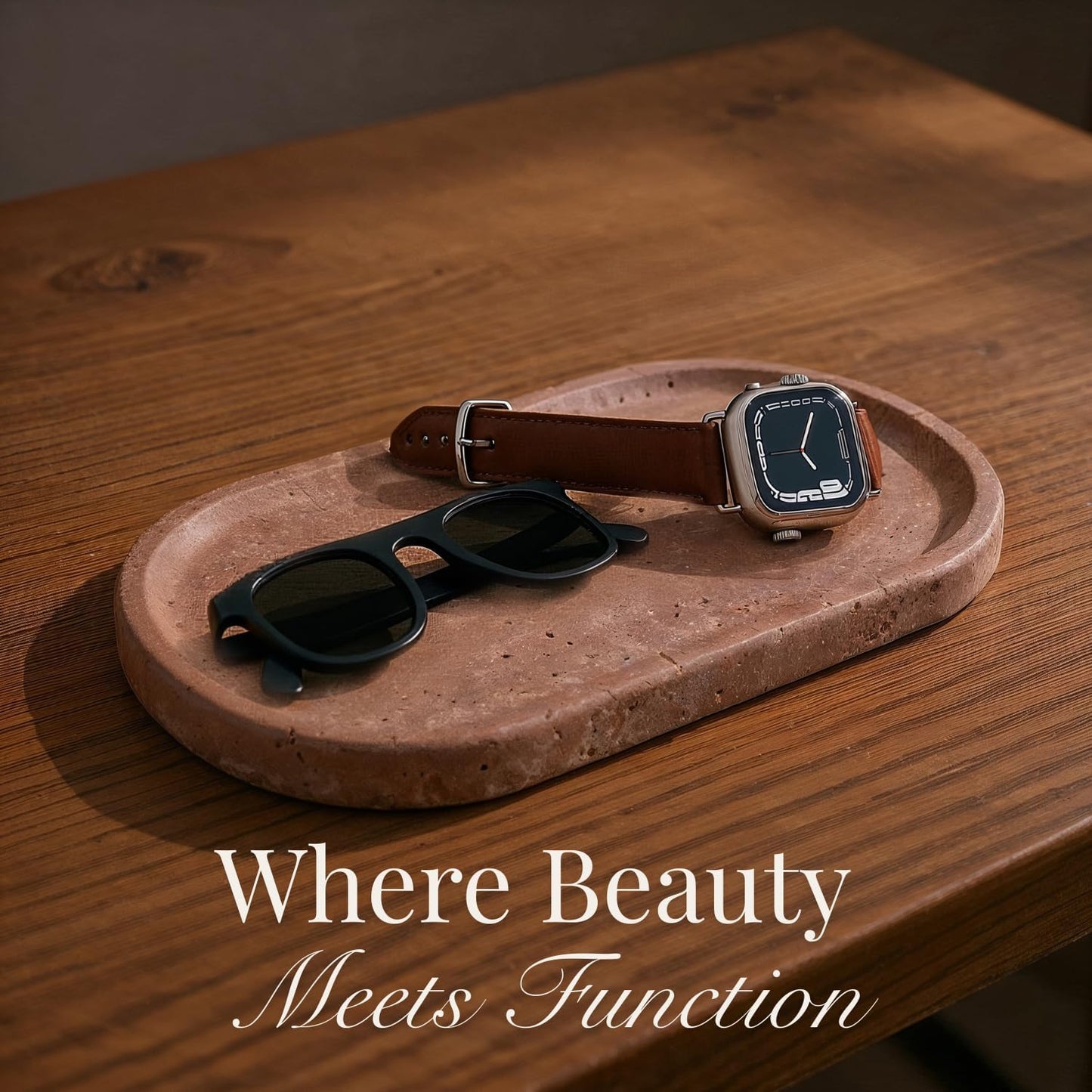 Handcrafted Travertine Tray – Bathroom Counter Organizer, Jewelry Tray, Perfume Organizer & Decorative Tray for Vanity Accessories, Coffee Table Decor & Bathroom Countertop (Oval, Noce)