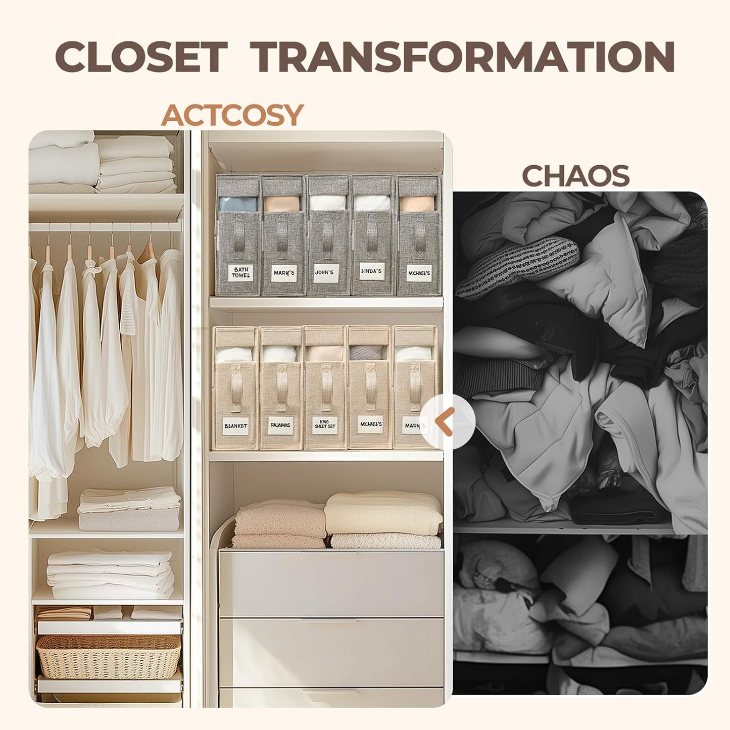 8Pack Sheet Organizers and Storage with Handles – Foldable Linen Closet Storage for King & Queen Sheet Sets – Clear Window & Removable Labels – Dustproof & Space-Saving Design, 8Pack, Grey