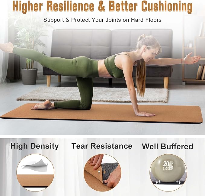 Premium Cork Yoga Mat 1/4 & 2/5 Inch Thick 72 x 26 in, Thick Cork and TPE Non Slip Yoga Mats for Women Men, Sweat Proof Eco-friendly, Great for Hot Yoga & Workouts