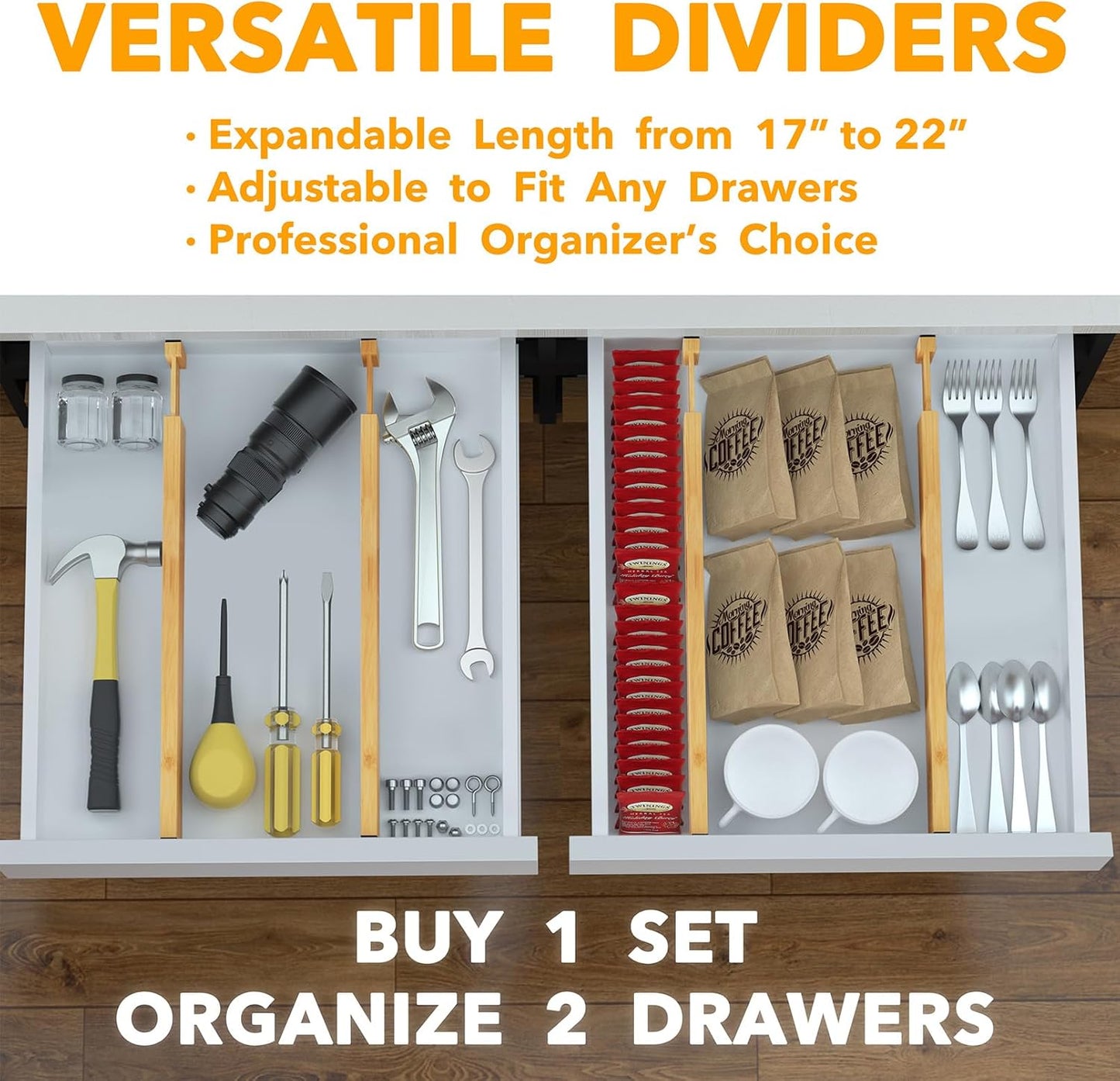 SpaceAid 4 Pack Bamboo Drawer Dividers with Labels, Kitchen Adjustable Drawer Organizers, Expandable Organization for Home Clothes Dressers (17-22 in, Natural)