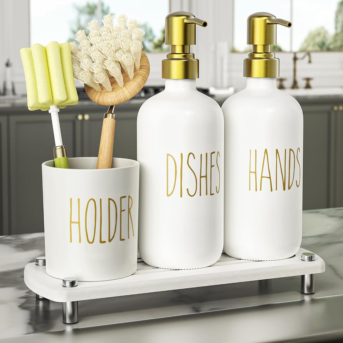 Cisily Gold Kitchen Soap Dispenser Set with Dish Brush Holder, Dish and Hand Soap Dispenser Set with Stainless Steel Pumps, Instant Dry Tray, Suitable for Kitchen Decor and Accessories(Gold&White)