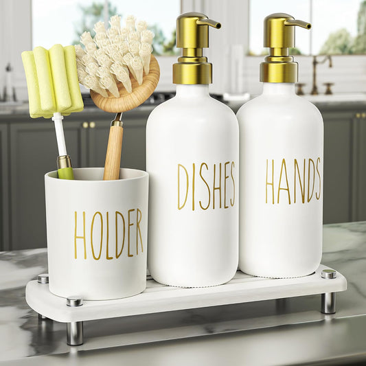 Cisily Gold Kitchen Soap Dispenser Set with Dish Brush Holder, Dish and Hand Soap Dispenser Set with Stainless Steel Pumps, Instant Dry Tray, Suitable for Kitchen Decor and Accessories(Gold&White)