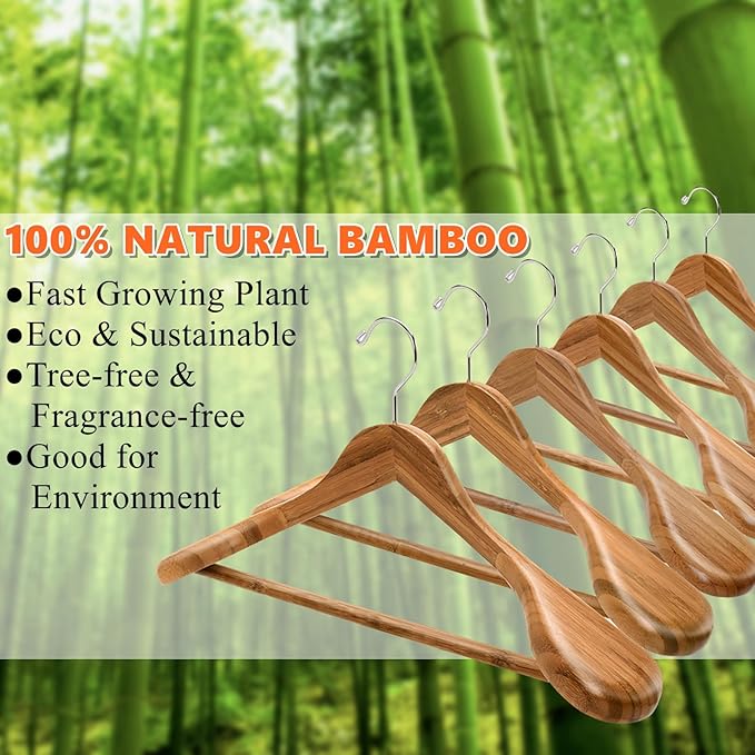 Amber Home 6 Pack Natural Wide Shoulder Bamboo Wooden Suit Coat Hangers, Bamboo Clothes Hangers with Pants Bar, Heavy Duty Bamboo Jacket Hangers for Dress, Pants, Heavy Clothes