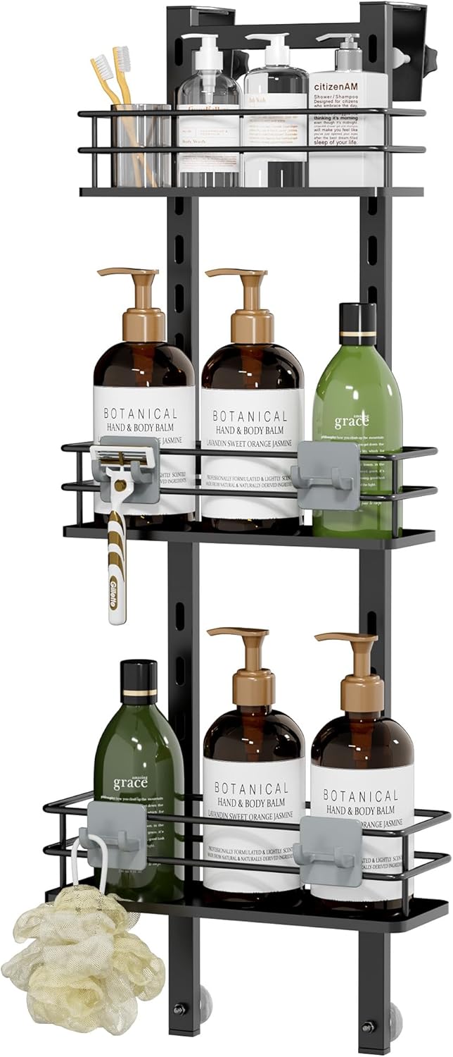 Orimade Adjustable Hanging Over the Shower Door Caddy with Hooks, Bathroom Organizer Shelf Storage Rack,No Drilling Rustproof Basket for Inside Shower, Matt Black 3 Tier