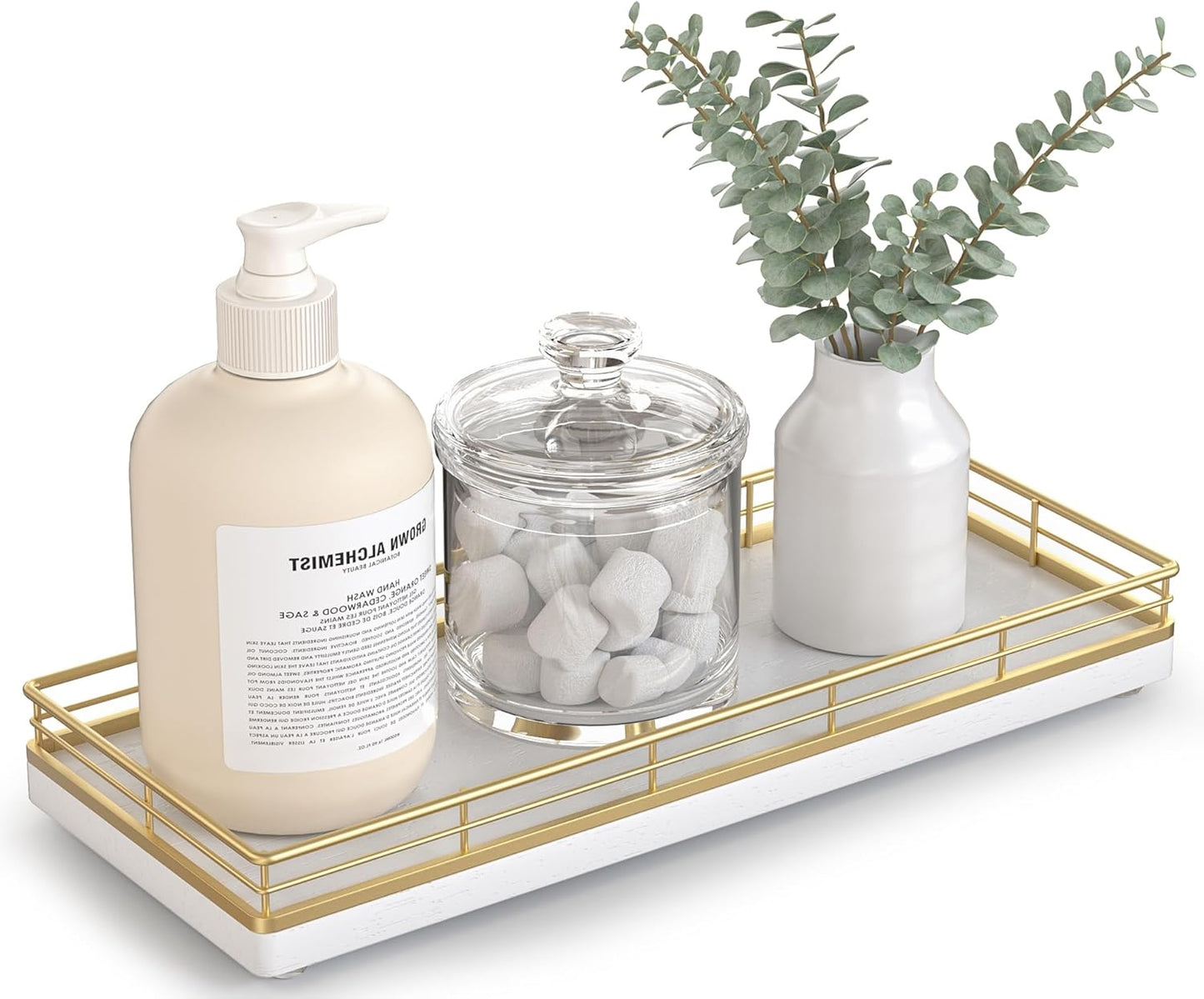 Bathroom Tray for Counter Top Organizer – Oak Wood Vanity Tray with Metal Frame for Dresser, Kitchen, Nightstand – Gold & White Decorative Storage