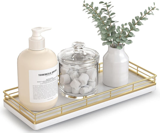 Bathroom Tray for Counter Top Organizer – Oak Wood Vanity Tray with Metal Frame for Dresser, Kitchen, Nightstand – Gold & White Decorative Storage