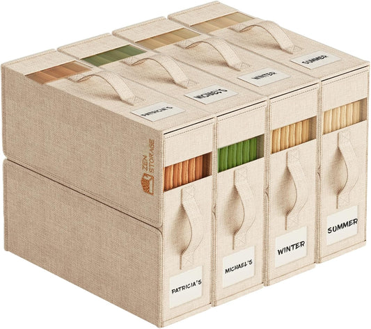 4Pack Sheet Organizers and Storage - King/Queen Size Sheet Storage Organizer with Window, Foldable & Dustproof Sheet Organizer for Linen Closet for Summer Blankets & Sheet Sets, Beige