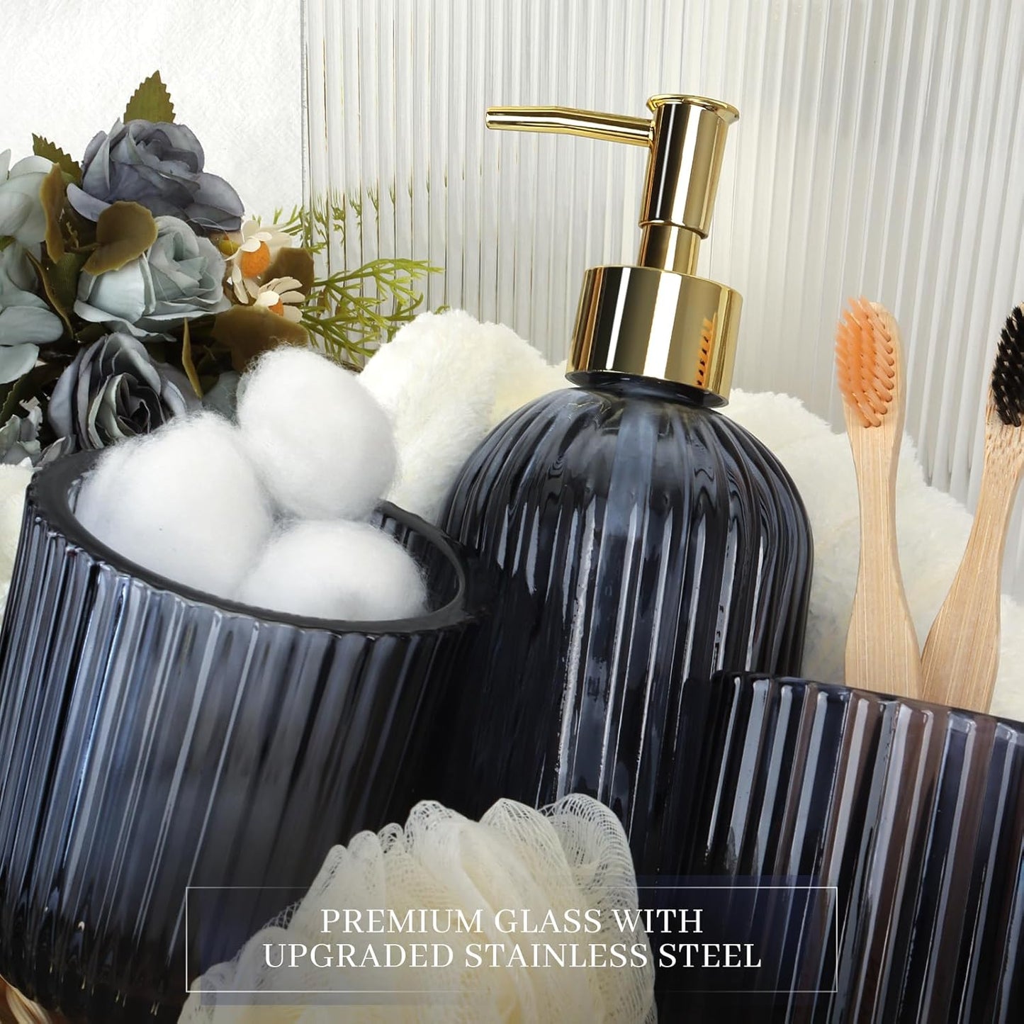 Designer Blue Glass Bathroom Accessories Sets - 4 Pcs with Lotion Soap Dispenser, Bathroom Toothbrush Holder, Vanity Tray, and Apothecary Jar, Vintage Bathroom Decor, Gift Countertop Organizer